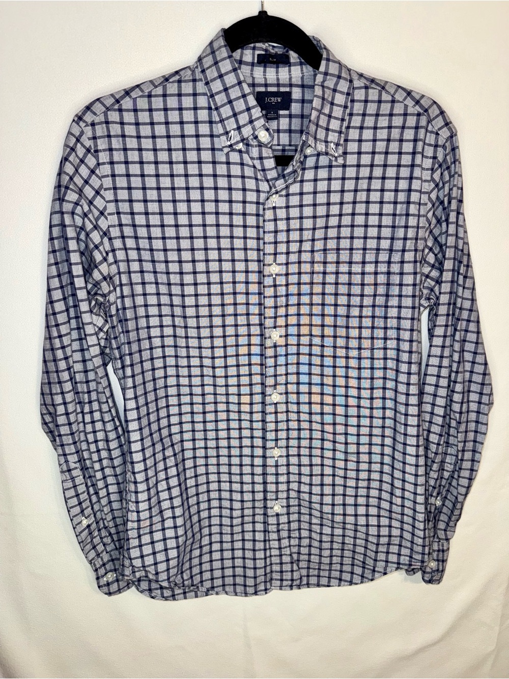 J. Crew Men’s Navy and Blue Checked LS Button-Down Shirt Size Small Cotton